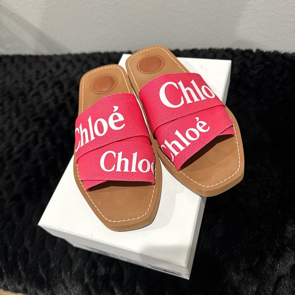 Chloe Pink and White Slide Sandals